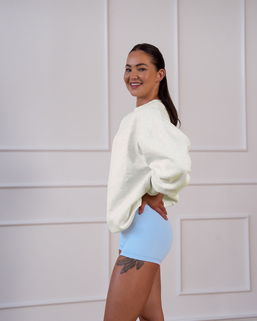 Woman wearing Strong is Beautiful Oversized Sweater - Silver Marl | Model:Charlotte | Size:M - view 14