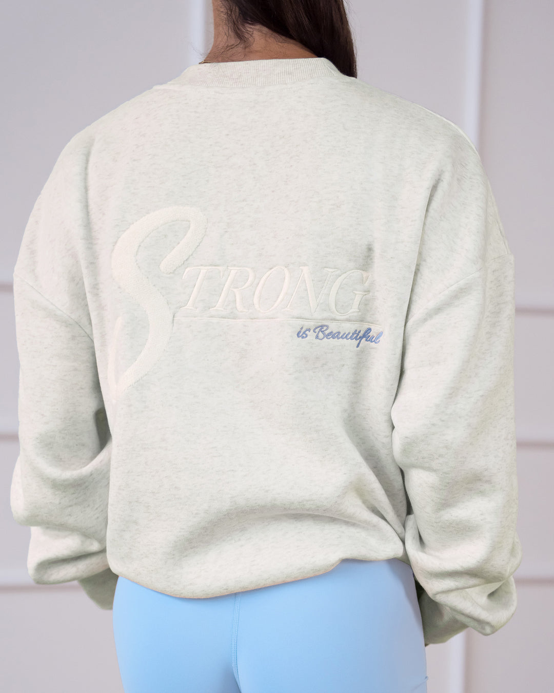 Woman wearing Strong is Beautiful Oversized Sweater - Silver Marl | Model:Charlotte | Size:M - view 17