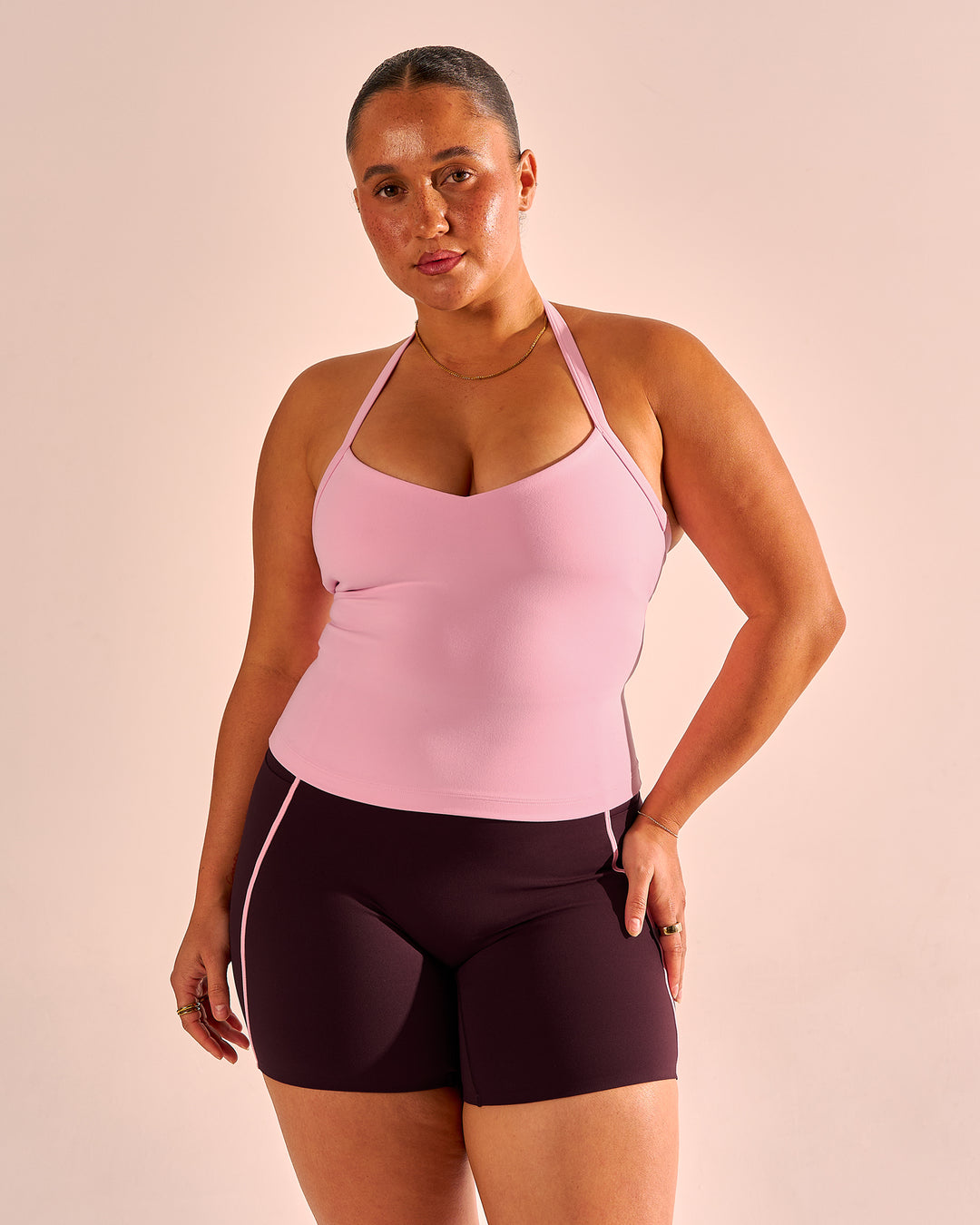 Woman wearing Unleash Shelf Bra Tank - Pink Rose | Model:Simmy | Size:M - view 3