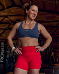 Woman wearing Fusion Ultra High-Rise 4" Short Pockets - Scarlet | Model:Tia | Size:M | Thumbnail Index: 11