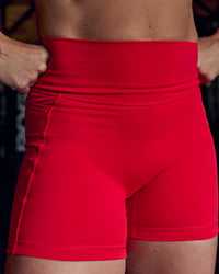 Woman wearing Fusion Ultra High-Rise 4" Short Pockets - Scarlet | Model:Tia | Size:M | Thumbnail Index: 6
