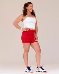 Woman wearing Fusion Ultra High-Rise 6" Short Pockets - Scarlet | Model:Tia | Size:M | Thumbnail Index: 8