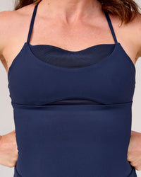 Woman wearing Tia-Clair Toomey-Orr Legacy 3" Run One-Piece - Future Navy | Model:Tia | Size:M | Thumbnail Index: 21