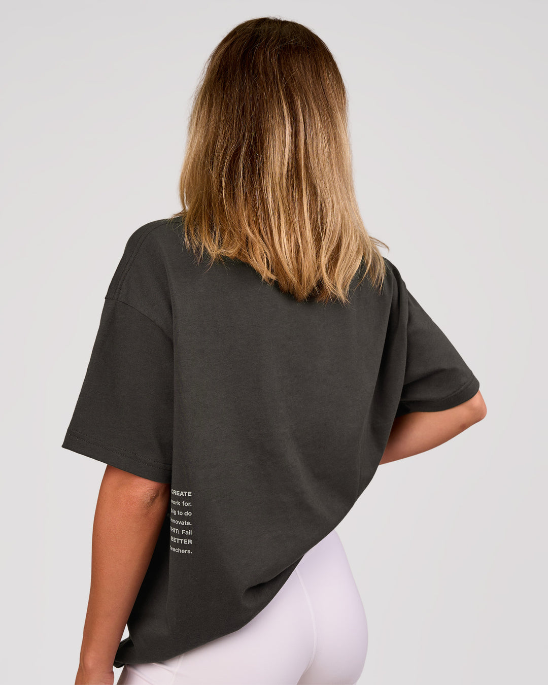 Woman wearing Block Heavyweight Oversized Tee  - Onyx-Alloy | Model:Amity | Size:S - view 6