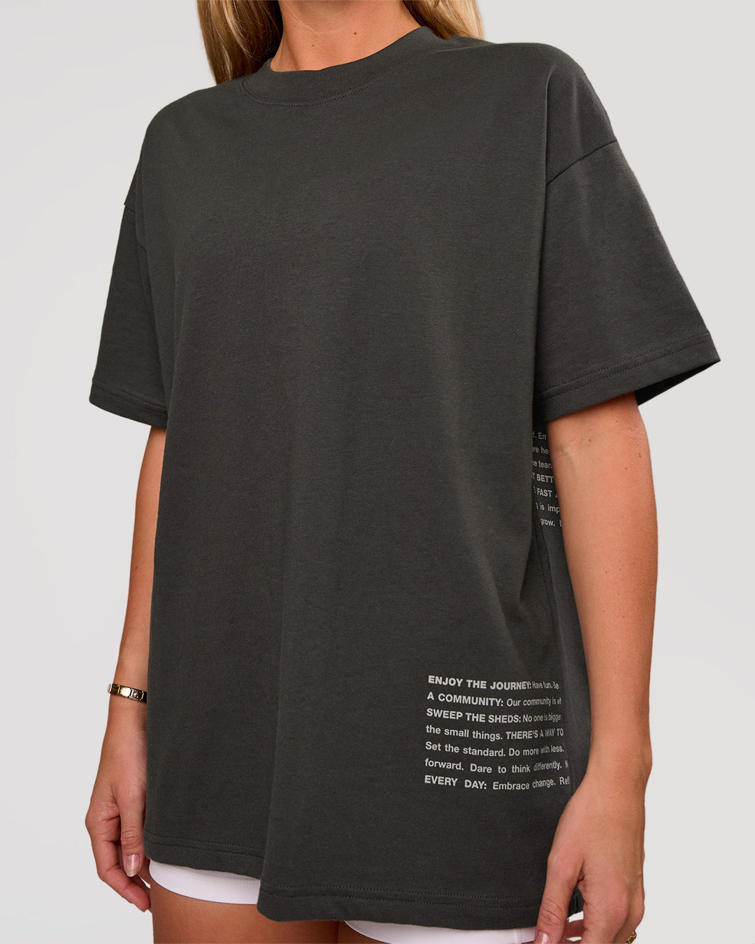 Woman wearing Block Heavyweight Oversized Tee  - Onyx-Alloy | Model:Amity | Size:S - view 8