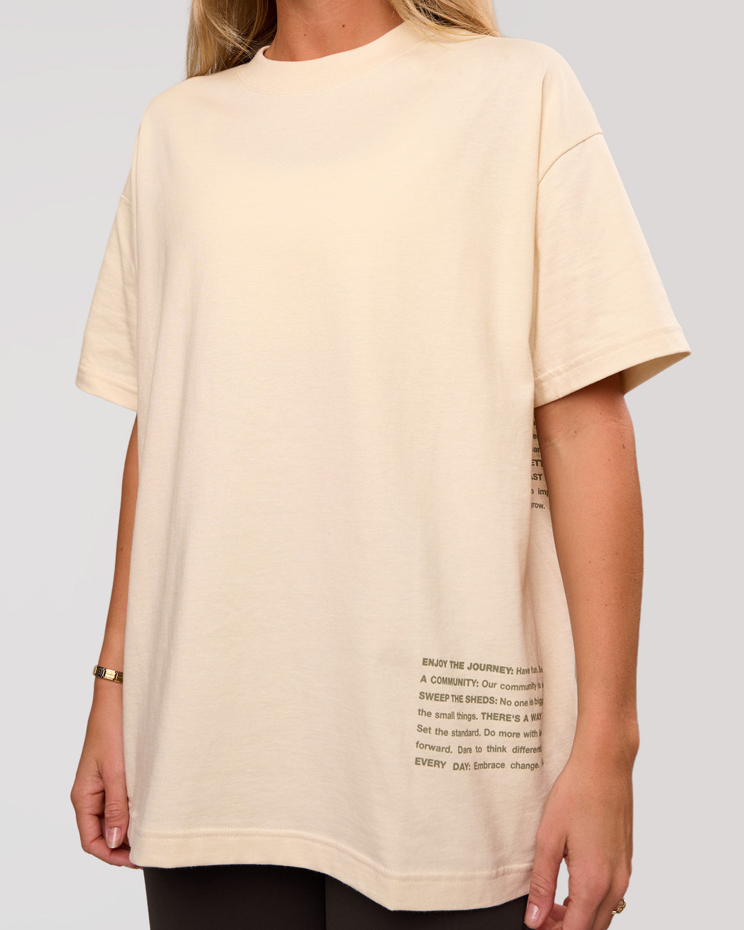 Woman wearing Block Heavyweight Oversized Tee  - Vanilla Bean | Model:Amity | Size:S - view 6