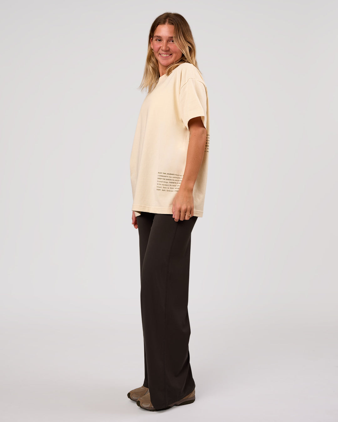 Woman wearing Block Heavyweight Oversized Tee  - Vanilla Bean | Model:Amity | Size:S - view 12