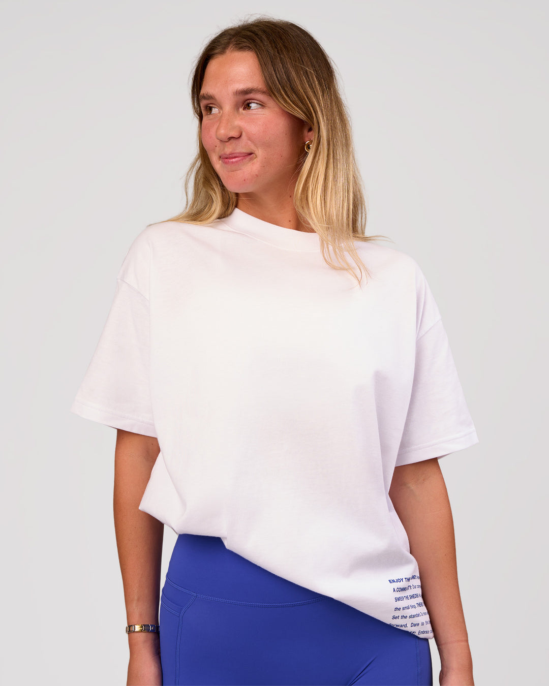 Woman wearing Block Heavyweight Oversized Tee  - White-Power Cobalt | Model:Amity | Size:S - view 3