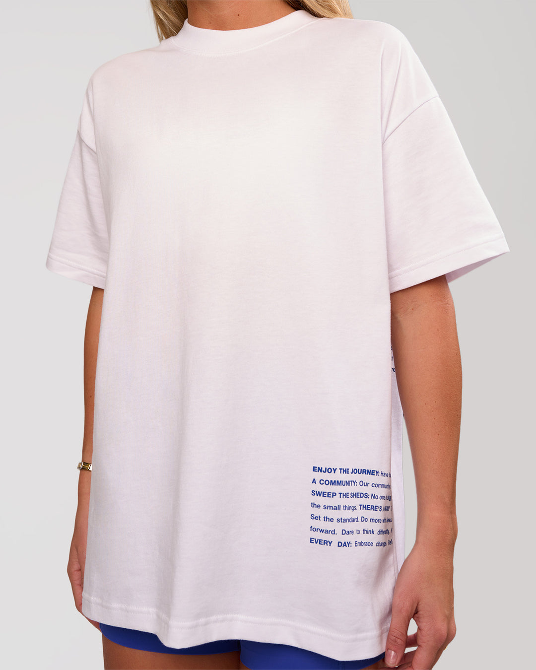Woman wearing Block Heavyweight Oversized Tee  - White-Power Cobalt | Model:Amity | Size:S - view 12