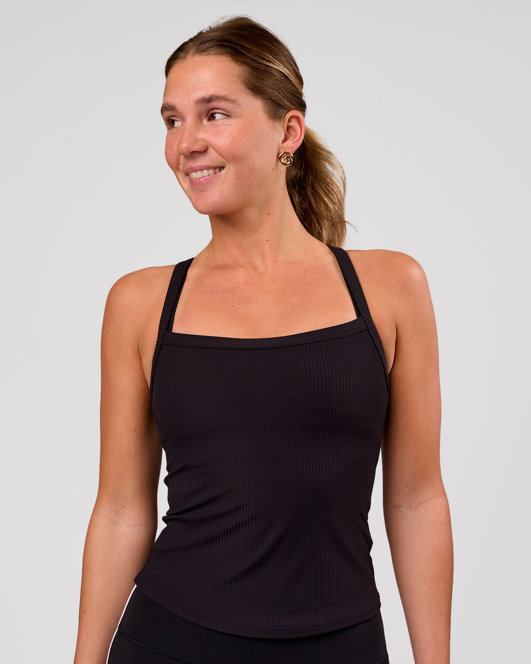 Woman wearing Flame Ribbed Regular Length Tank - Black | Model: Amity | Size: S - view 3