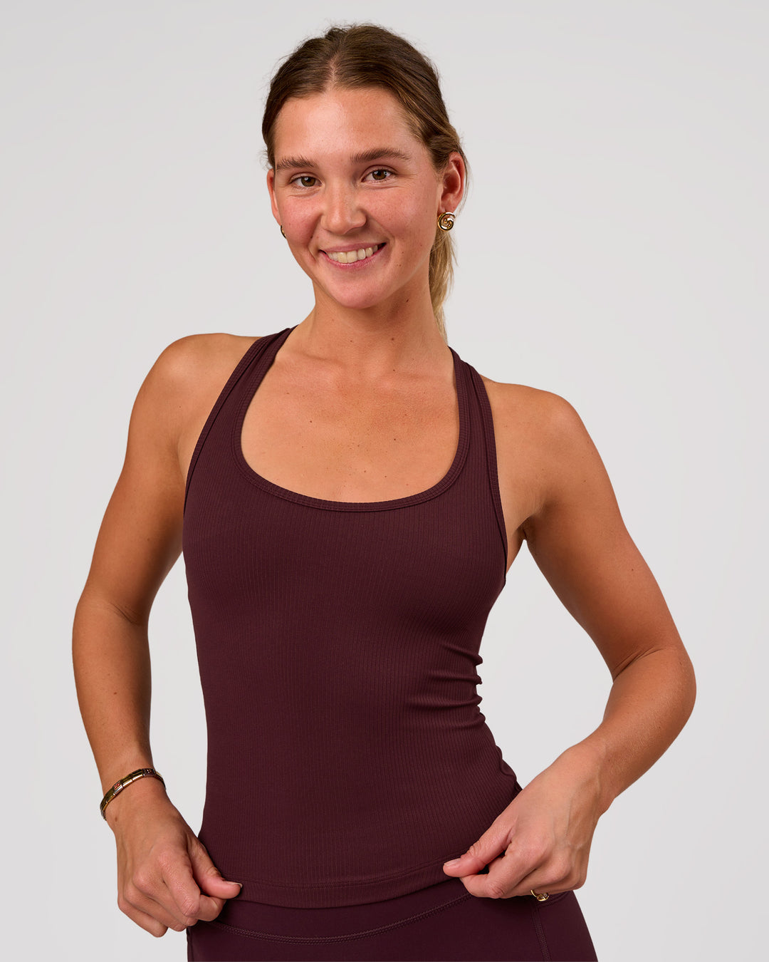 Woman wearing Flow Rep Scoop Neck Tank - Cherry Lacquer | Model:Amity | Size:S - view 3