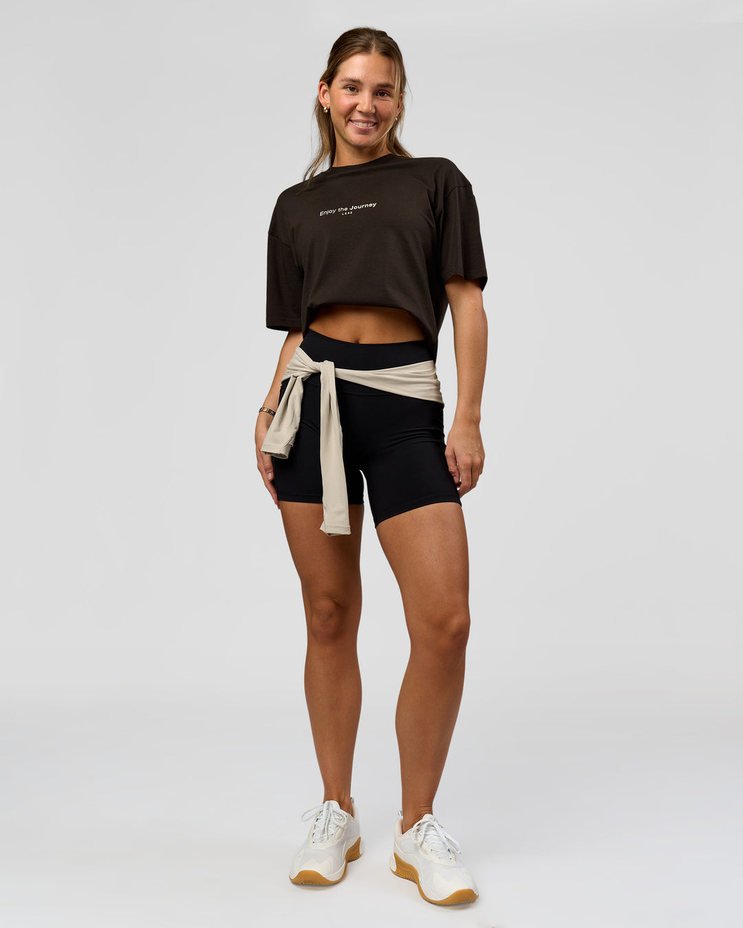 Woman wearing O.G. Fusion High-Rise 6" Short Pockets - Black | Model:Amity | Size:S - view 9