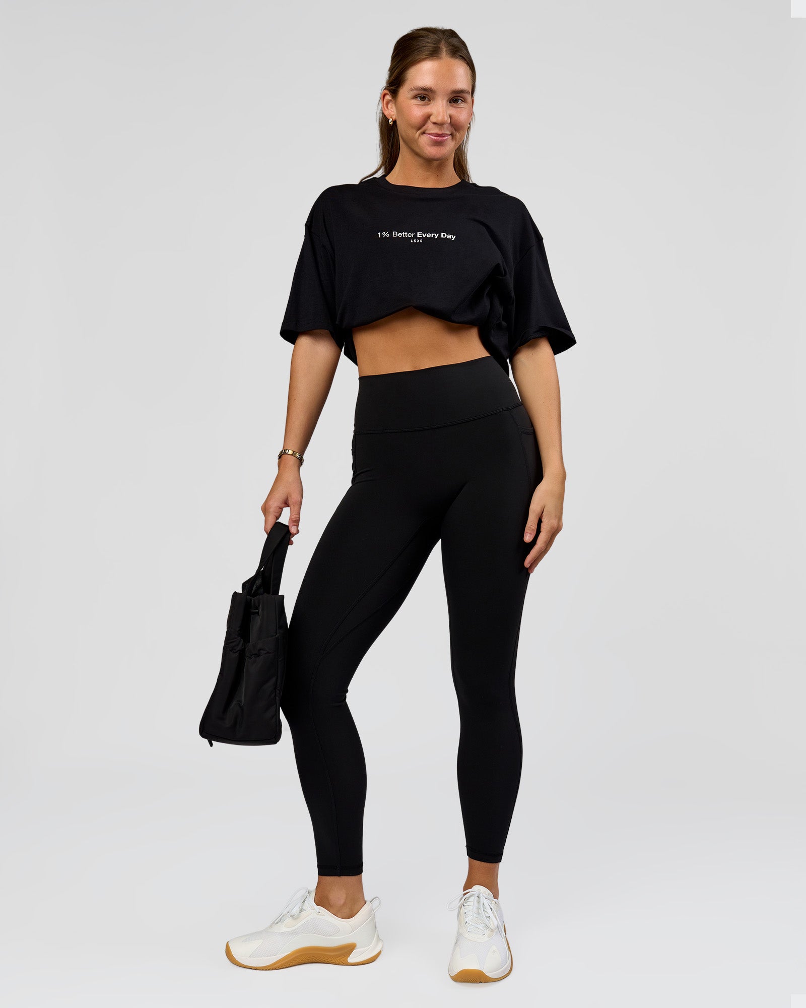 Woman wearing O.G. Fusion High-Rise Full Length Legging Pockets - Black | Model:Amity | Size:S