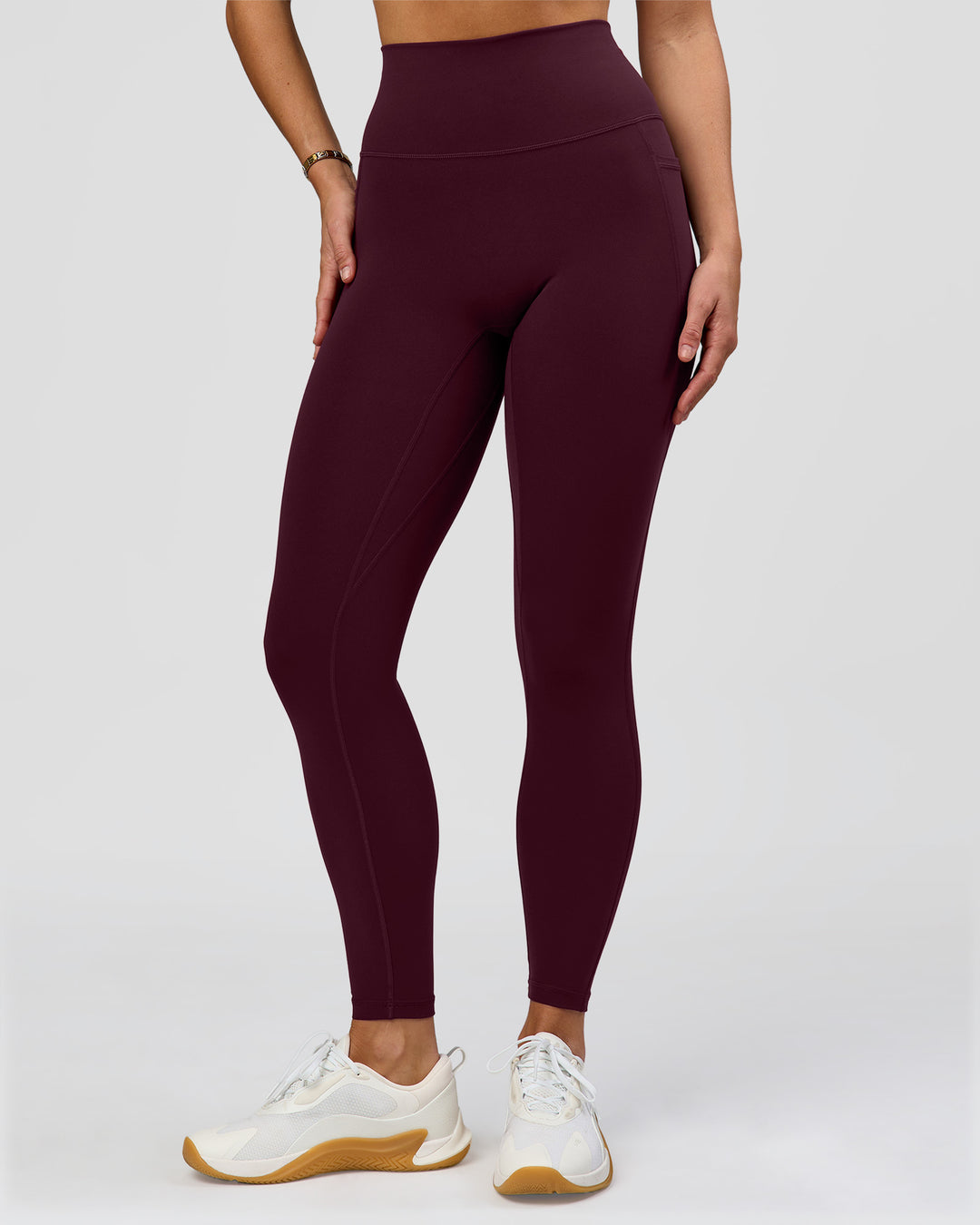 Woman wearing O.G. Fusion Ultra High-Rise Full Length Legging Pockets - Cherry Lacquer | Model:Amity | Size:S - view 2