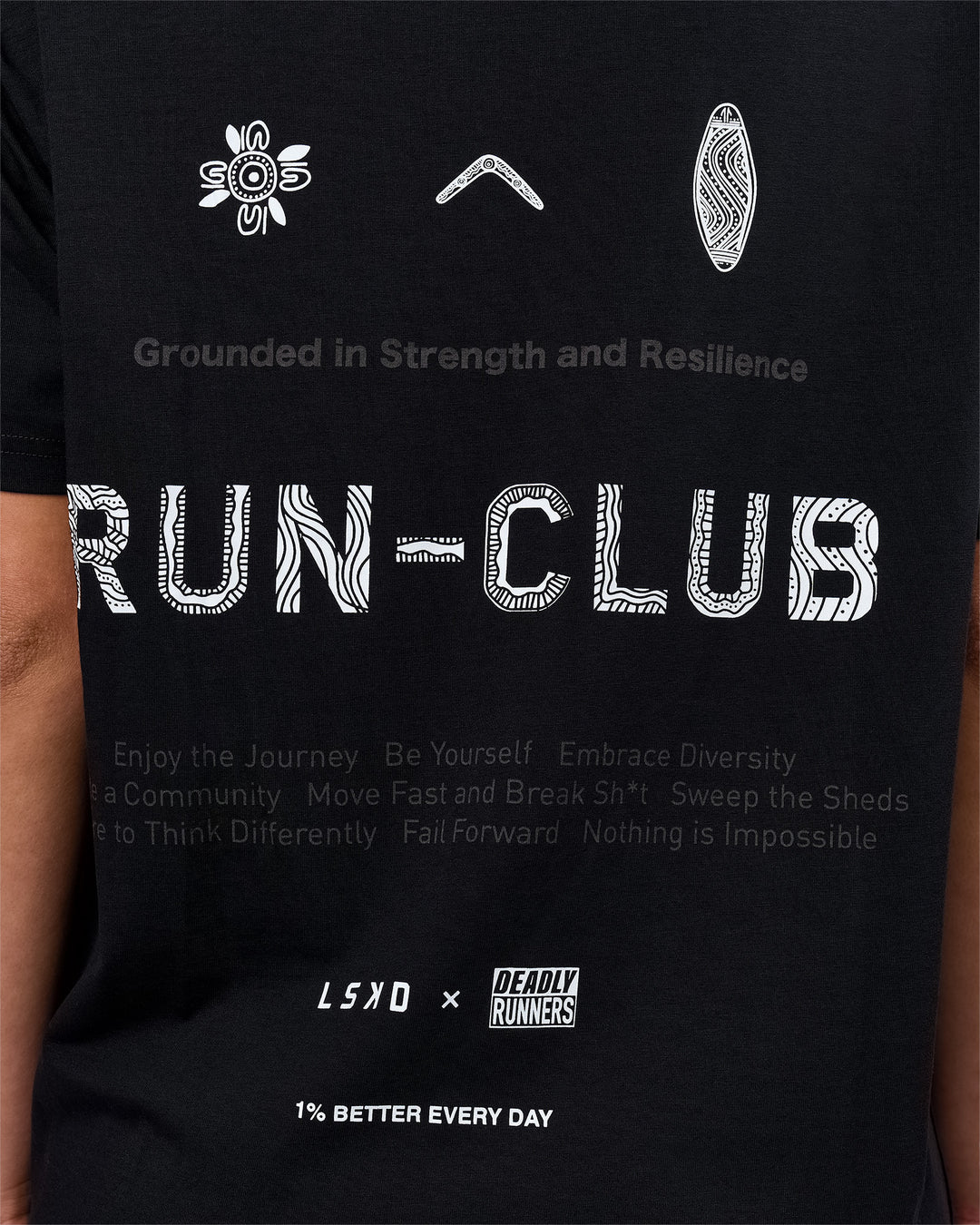 Woman wearing Deadly Runners Run Club FLXCotton Oversize Tee - Black | Model:Bella | Size:S - view 7