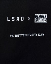 Woman wearing Deadly Runners Run Club FLXCotton Oversize Tee - Black | Model:Bella | Size:S | Thumbnail Index: 19
