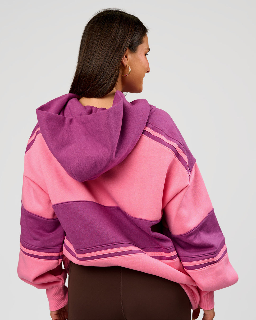 Woman wearing A-Team Oversized Hoodie - Candy Pink-Boysenberry | Model:Bianca | Size:S - view 5