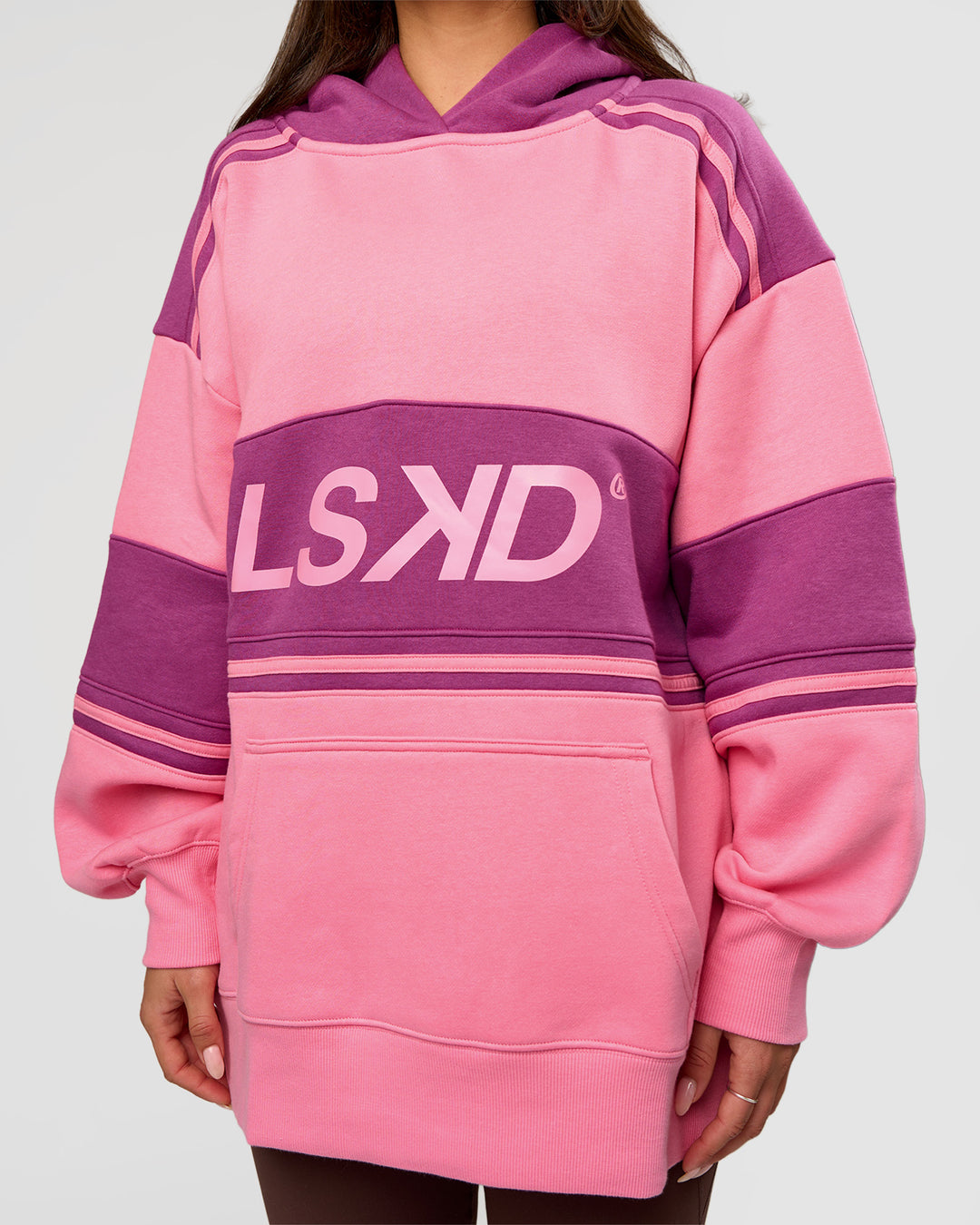 Woman wearing A-Team Oversized Hoodie - Candy Pink-Boysenberry | Model:Bianca | Size:S - view 7