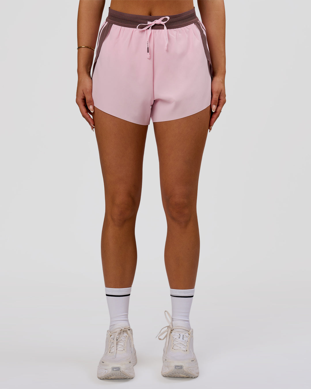 Woman wearing Accelerate 3" Force High-Rise Running Short - Marshmallow-Cocoa Powder | Model:Bianca | Size:S - view 3