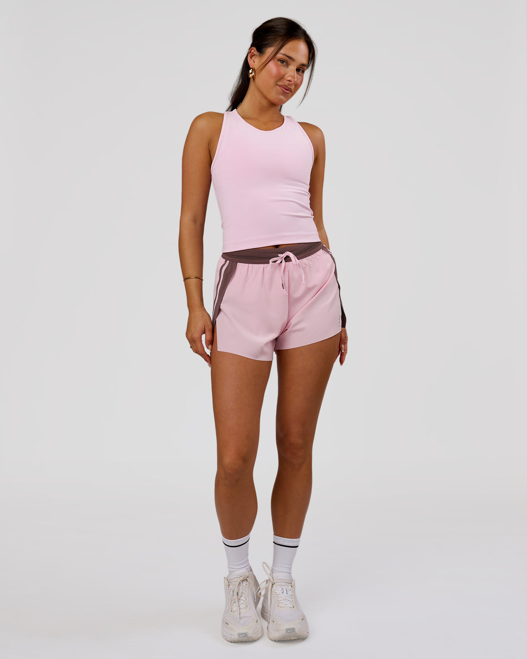 Woman wearing Accelerate 3" Force High-Rise Running Short - Marshmallow-Cocoa Powder | Model:Bianca | Size:S - view 9