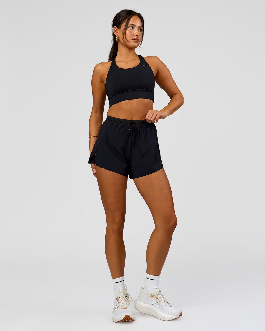 Woman wearing Accelerate 3" High-Rise Running Short - Black | Model:Bianca | Size:S