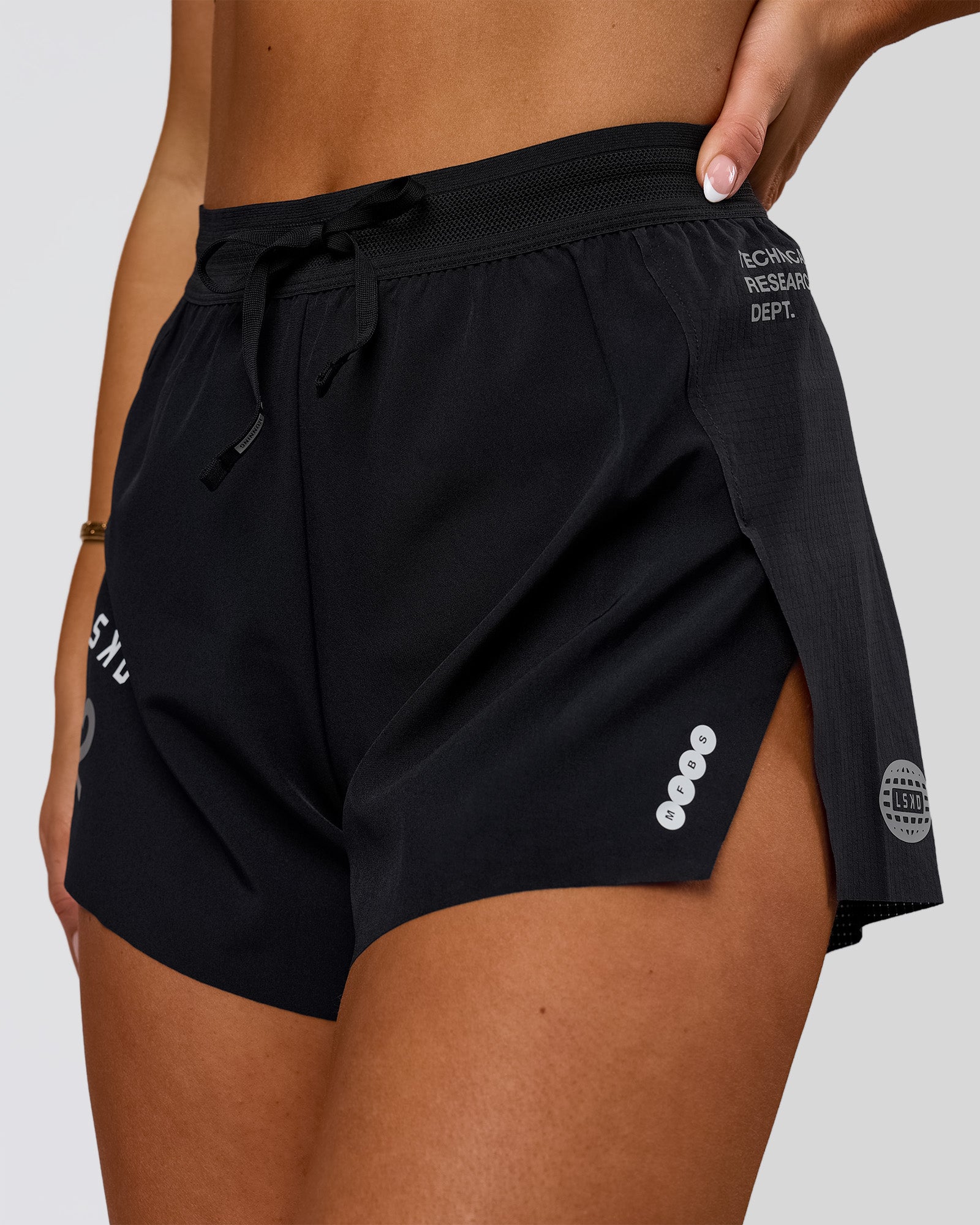 Woman wearing Accelerate 3" High-Rise Running Short - Black-Tech Department | Model:Bianca | Size:S