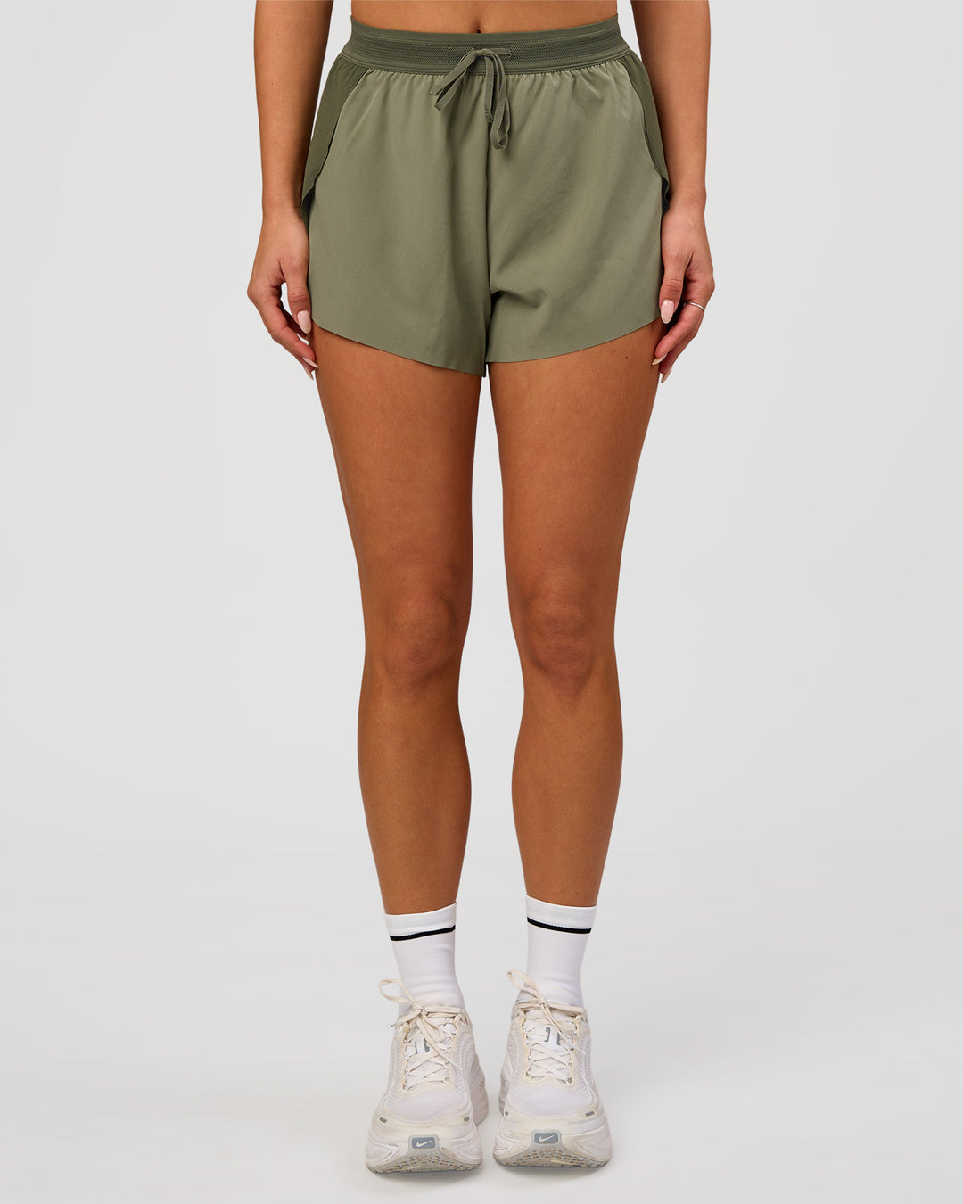 Woman wearing Accelerate 3" High-Rise Running Short - Pure Olive-Fog | Model:Bianca | Size:S - view 4