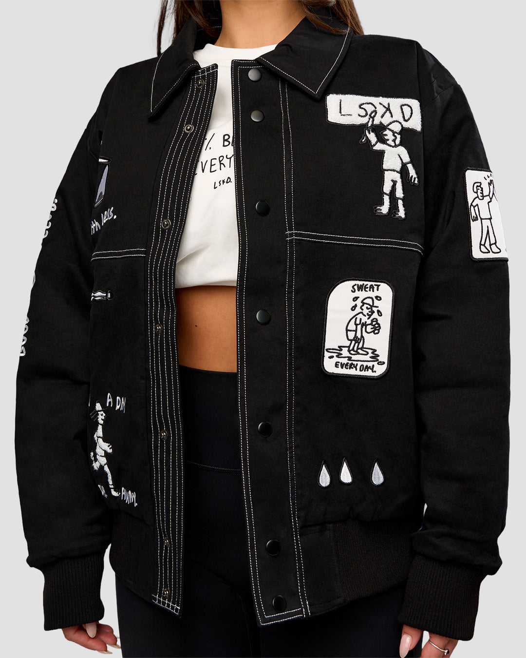 Woman wearing Andrew J. Steel x LSKD Bomber Jacket - Black | Model:Bianca | Size:S - view 7