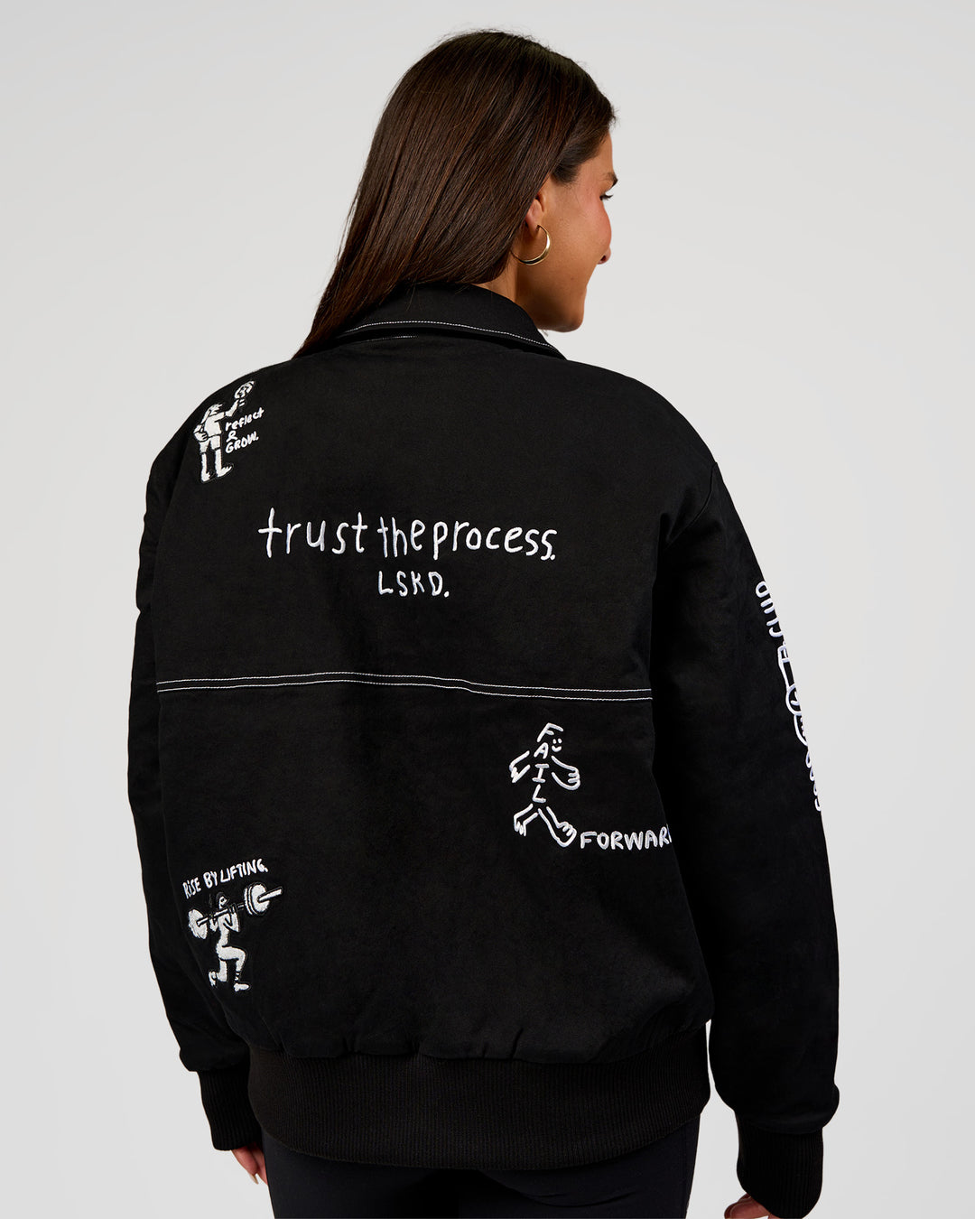 Woman wearing Andrew J. Steel x LSKD Bomber Jacket - Black | Model:Bianca | Size:S - view 4