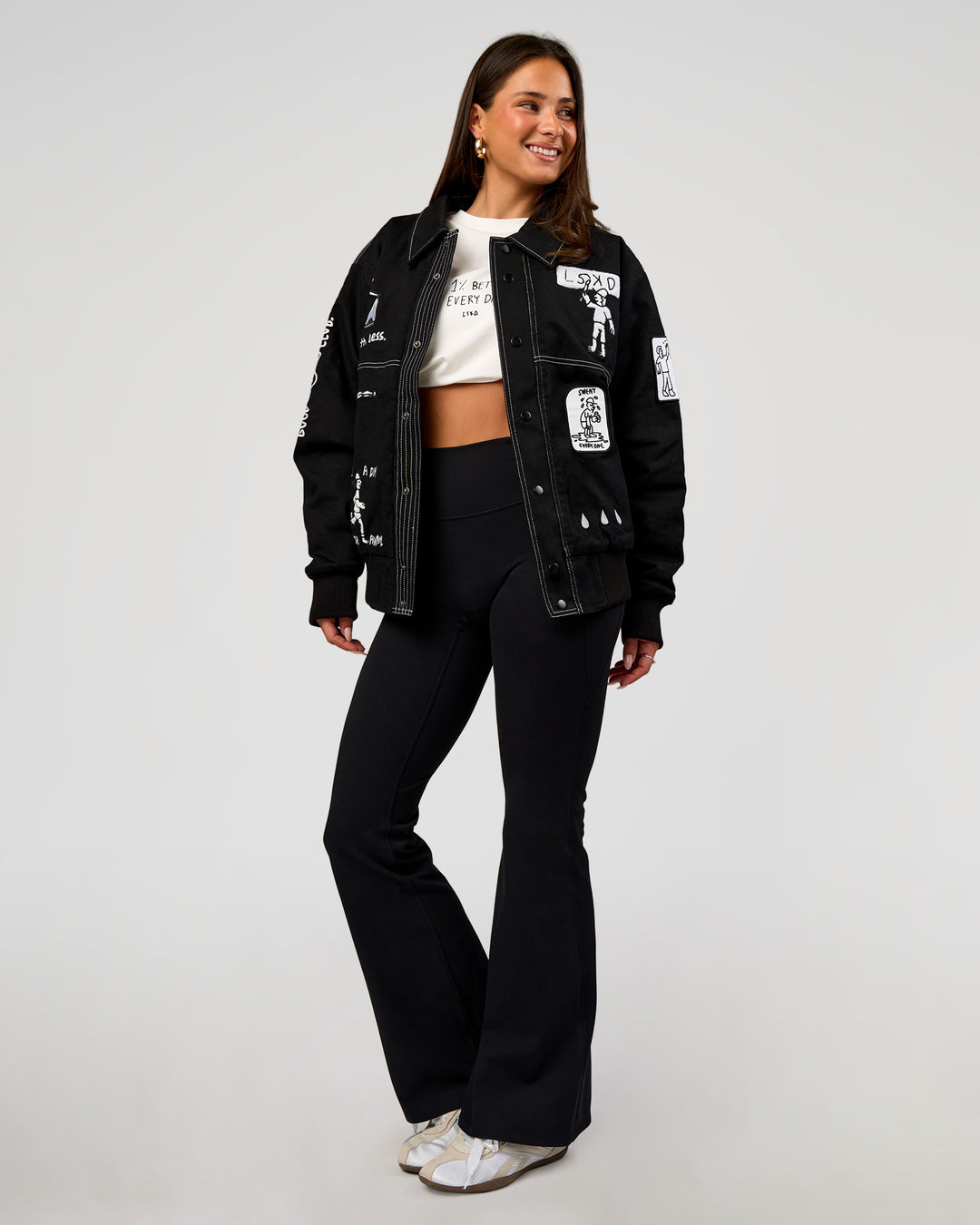 Woman wearing Andrew J. Steel x LSKD Bomber Jacket - Black | Model:Bianca | Size:S - view 13