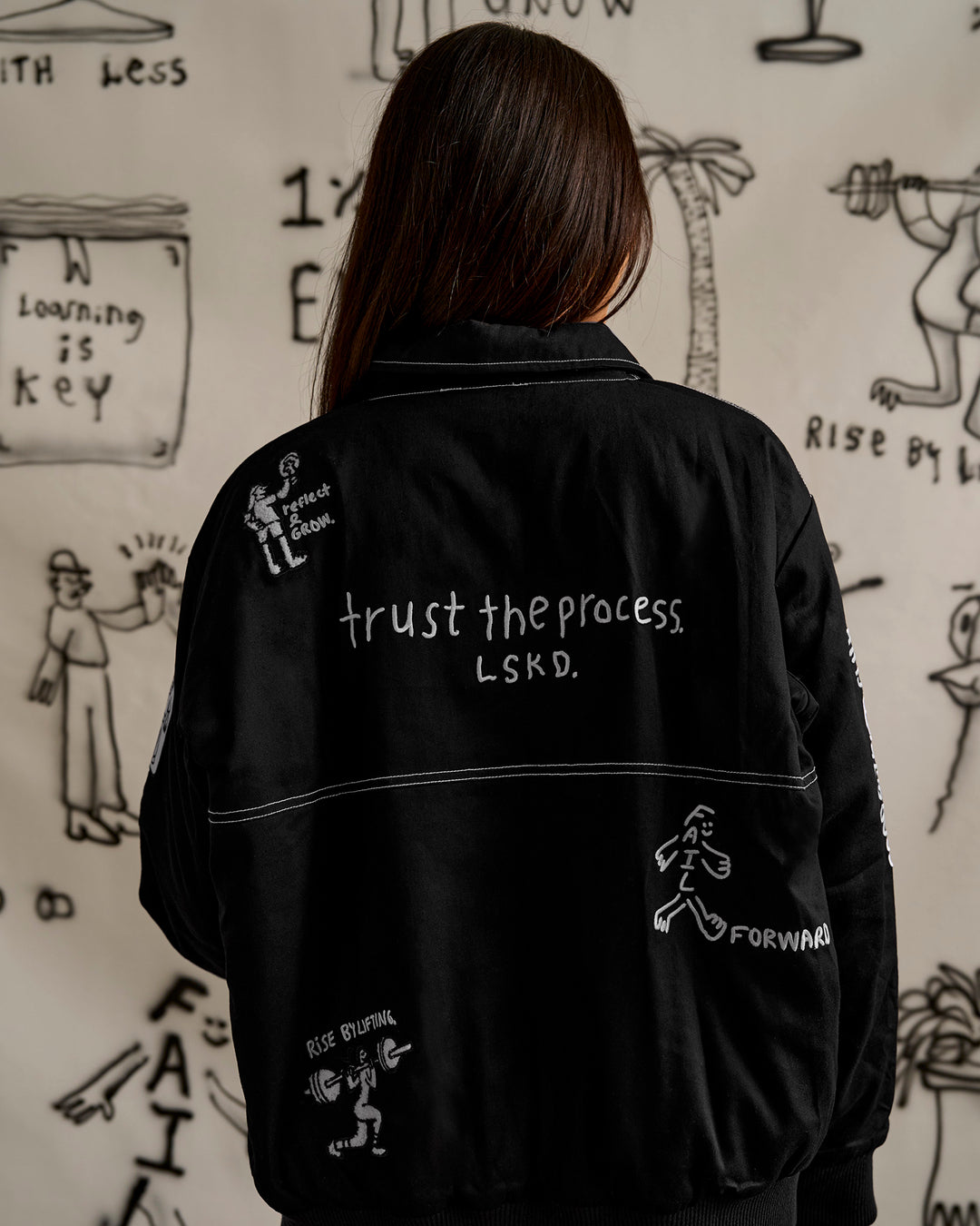 Woman wearing Andrew J. Steel x LSKD Bomber Jacket - Black | Model:Bianca | Size:S - view 24