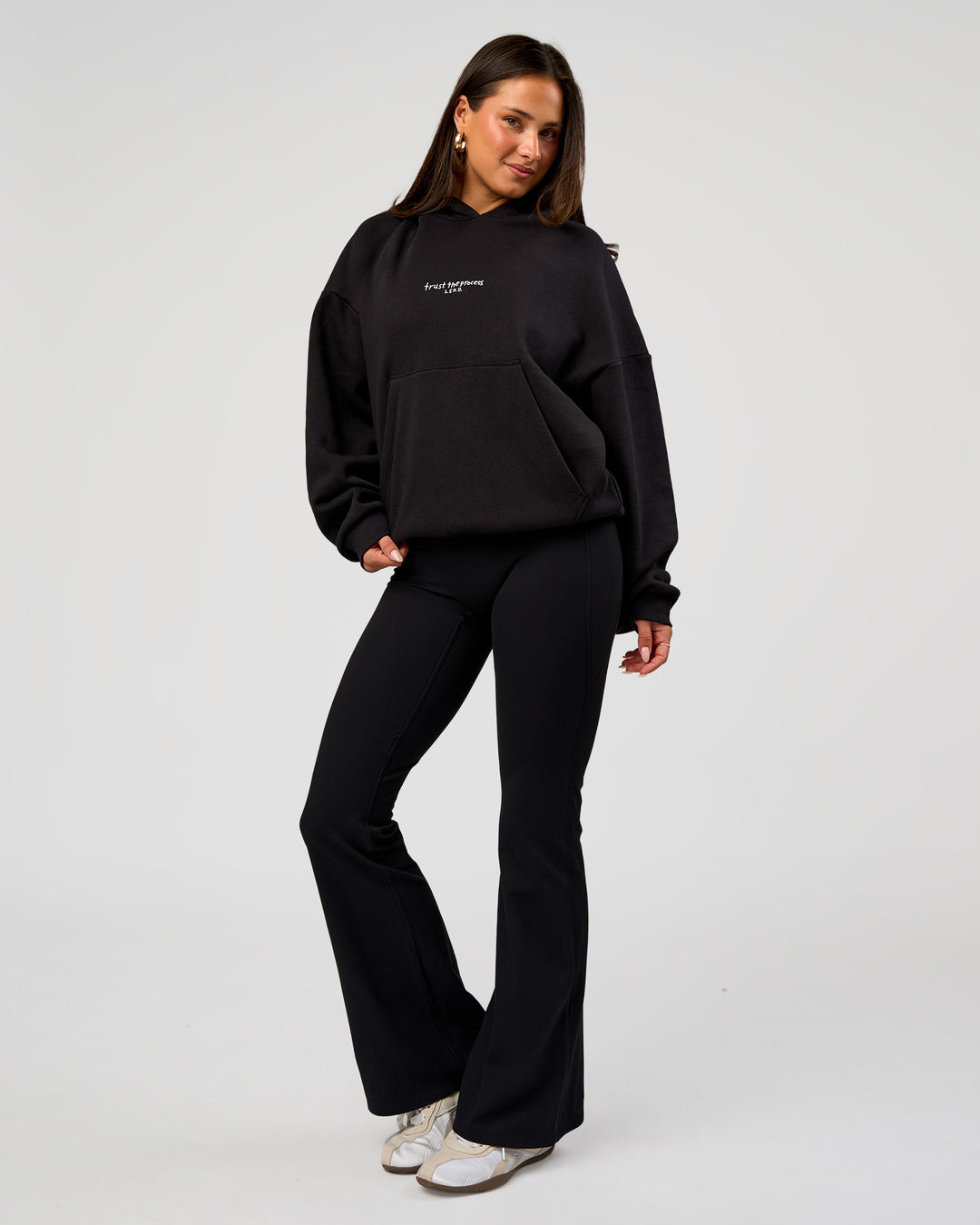 Woman wearing Andrew J. Steel x LSKD Boxy Hoodie - Black | Model:Bianca | Size:S - view 8