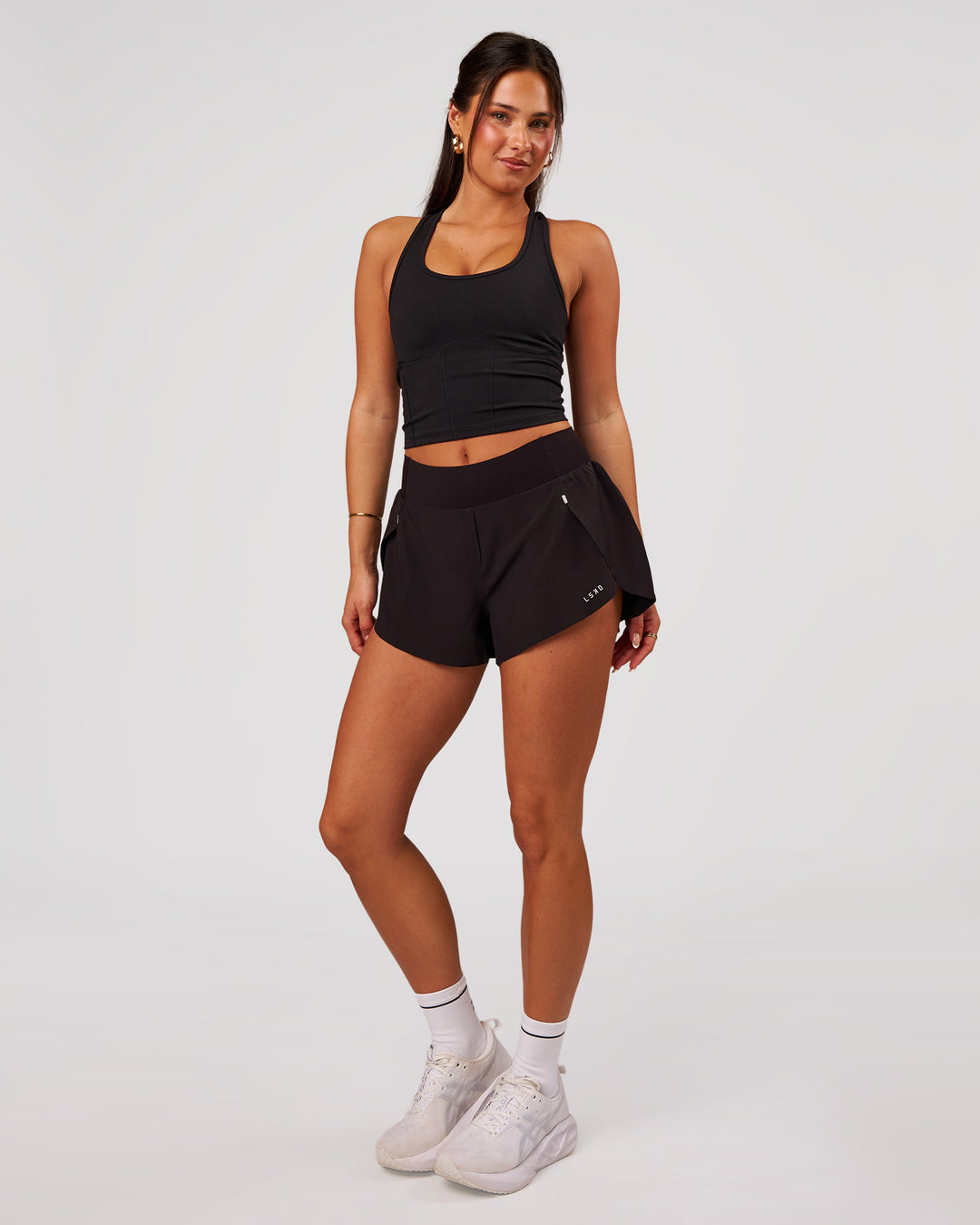 Woman wearing Aura Mesh Shelf Bra Tank - Black | Model:Bianca | Size:S - view 5