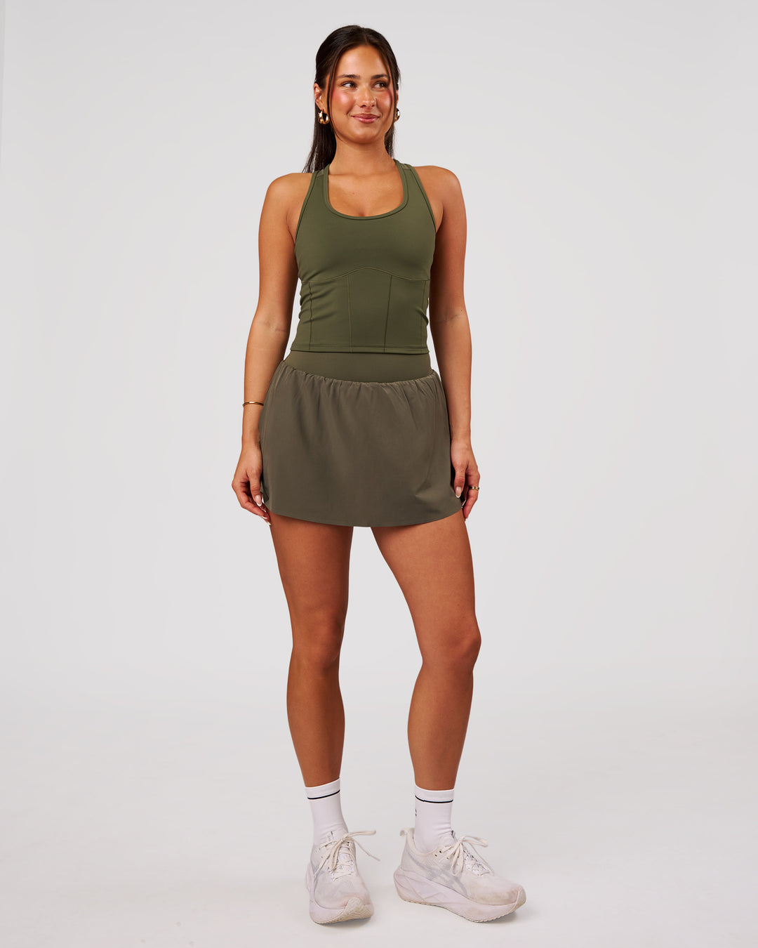 Woman wearing Aura Mesh Shelf Bra Tank - Pure Olive | Model:Bianca | Size:S - view 6