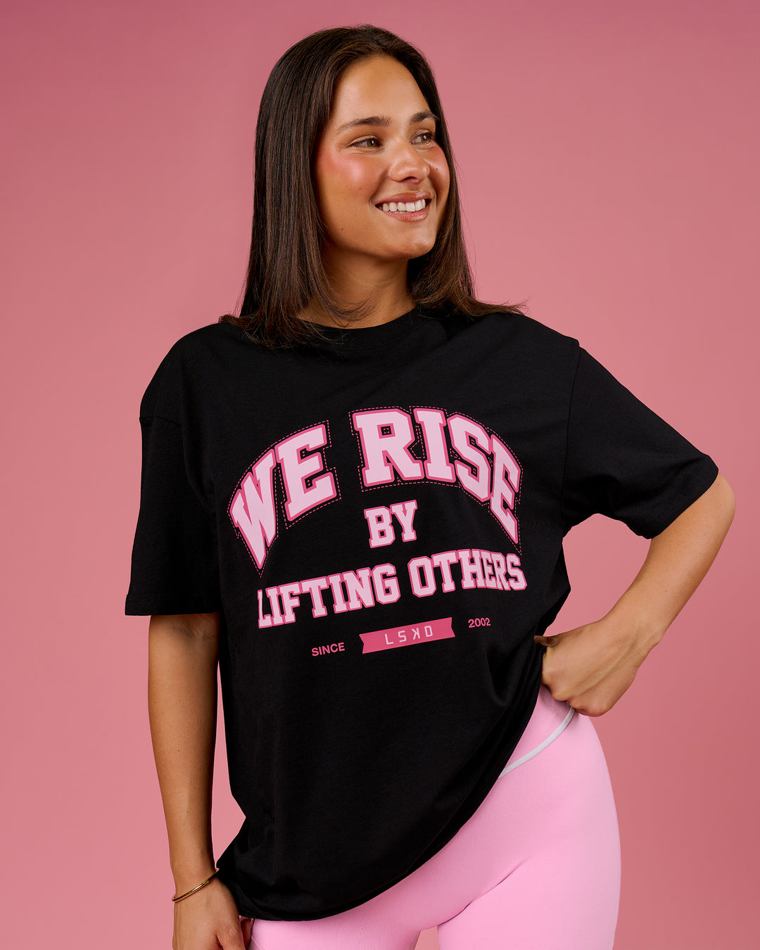 Woman wearing BCAM FLXCotton Graphic Oversized Tee - Black | Model:Bianca | Size:S - view 3