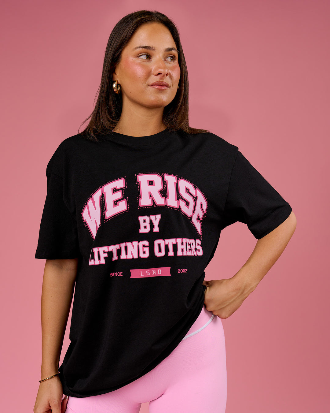 Woman wearing BCAM FLXCotton Graphic Oversized Tee - Black | Model:Bianca | Size:S - view 9