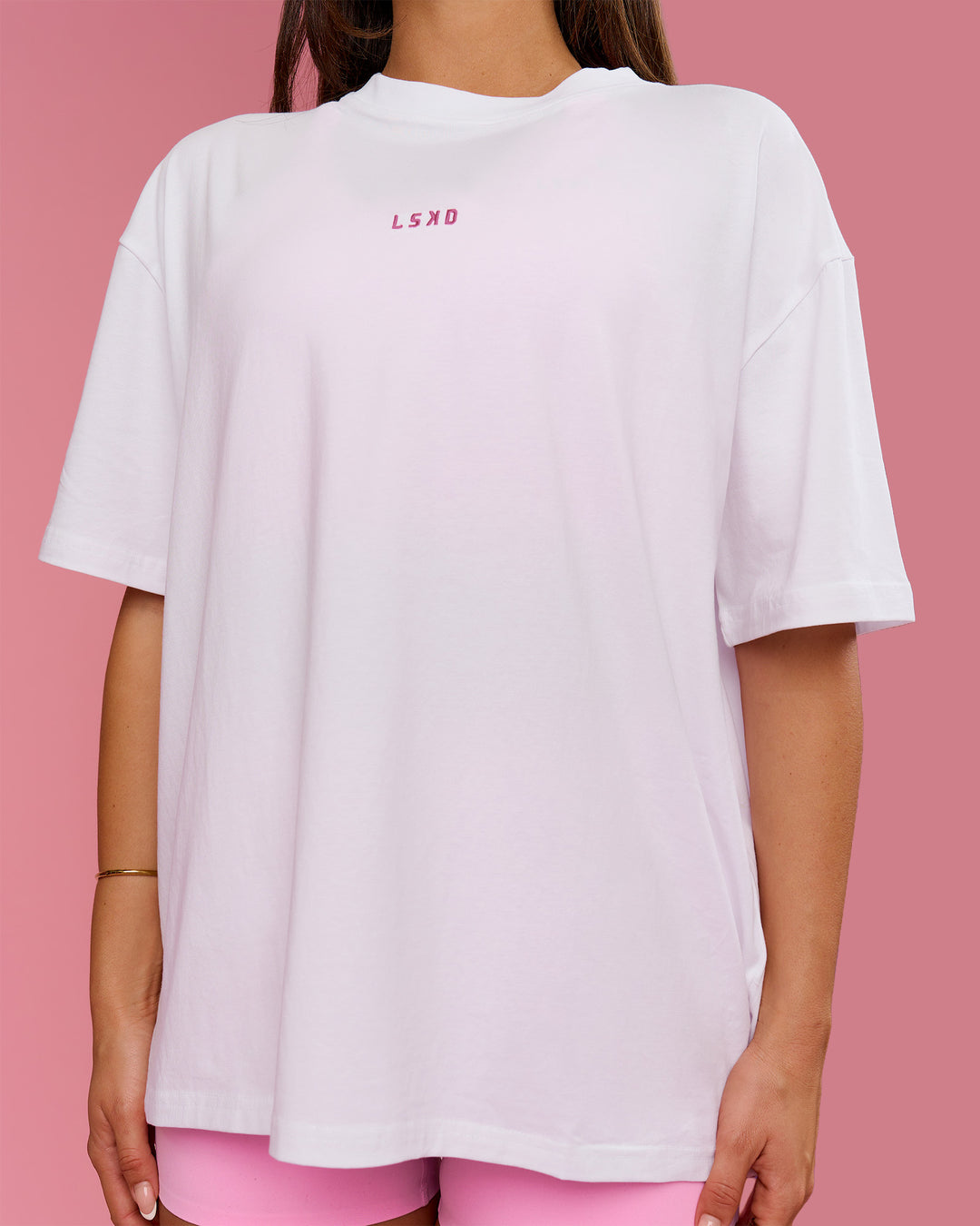 Woman wearing BCAM Go-To FLXCotton Oversized Tee - White-Marshmallow | Model:Bianca | Size:S - view 2