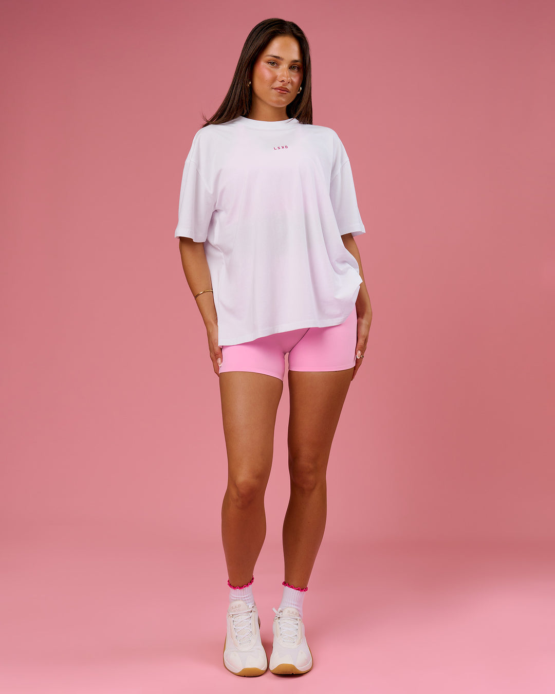 Woman wearing BCAM Go-To FLXCotton Oversized Tee - White-Marshmallow | Model:Bianca | Size:S - view 3