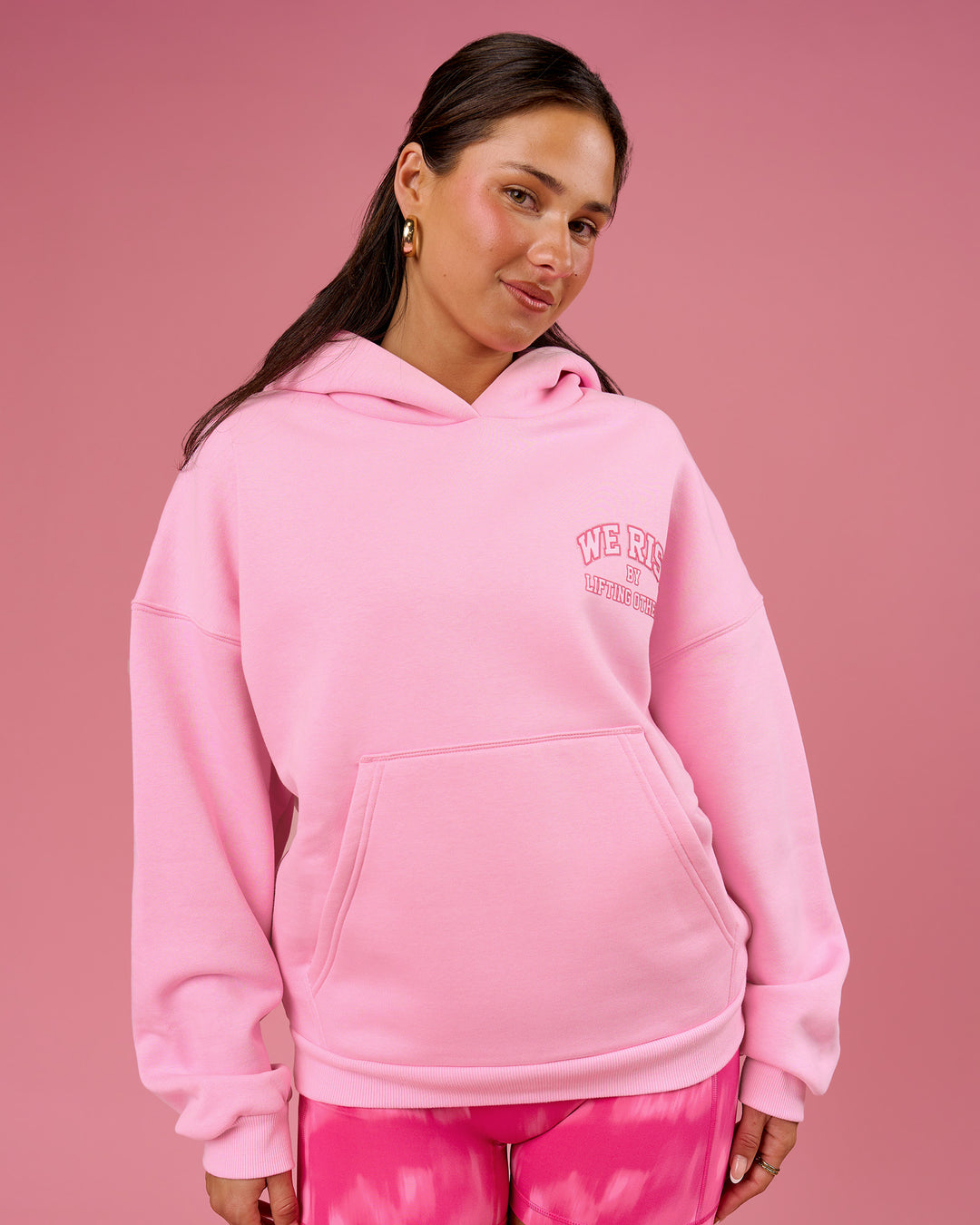 Woman wearing BCAM Heavyweight Boxy Hoodie - Pink Rose | Model:Bianca | Size:S - view 10