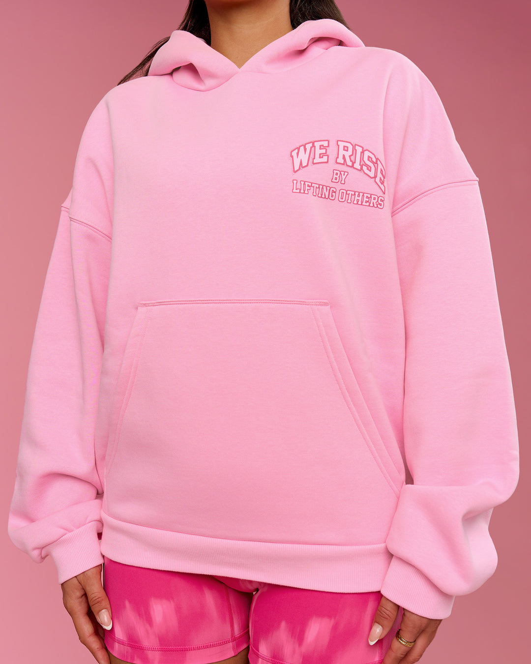 Woman wearing BCAM Heavyweight Boxy Hoodie - Pink Rose | Model:Bianca | Size:S - view 16