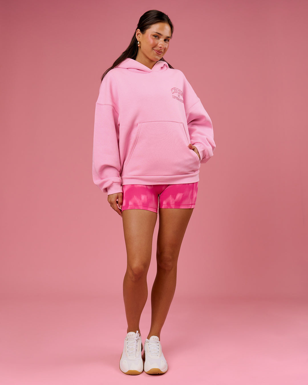 Woman wearing BCAM Heavyweight Boxy Hoodie - Pink Rose | Model:Bianca | Size:S - view 18