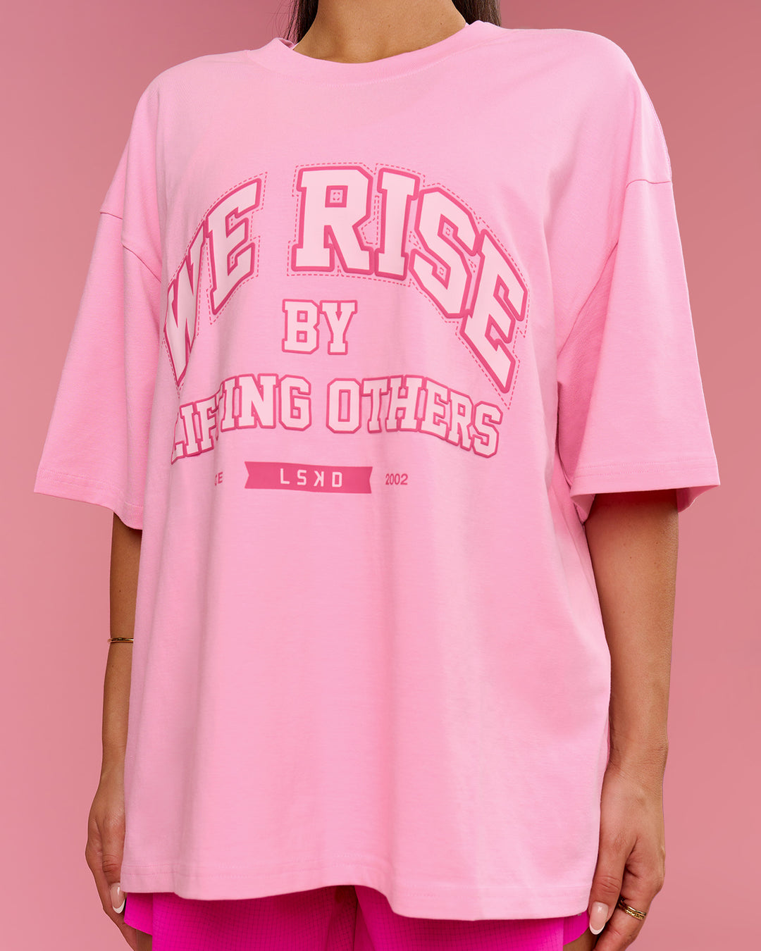 Woman wearing BCAM Heavyweight FLXCotton Graphic Boxed Tee - Pink Rose | Model:Bianca | Size:S - view 6