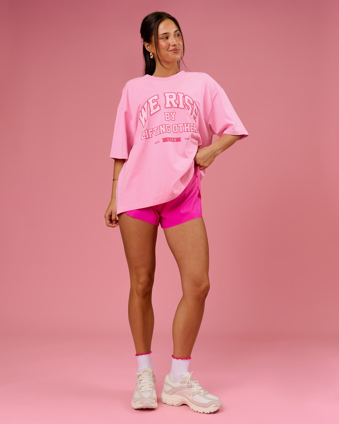 Woman wearing BCAM Heavyweight FLXCotton Graphic Boxed Tee - Pink Rose | Model:Bianca | Size:S - view 13