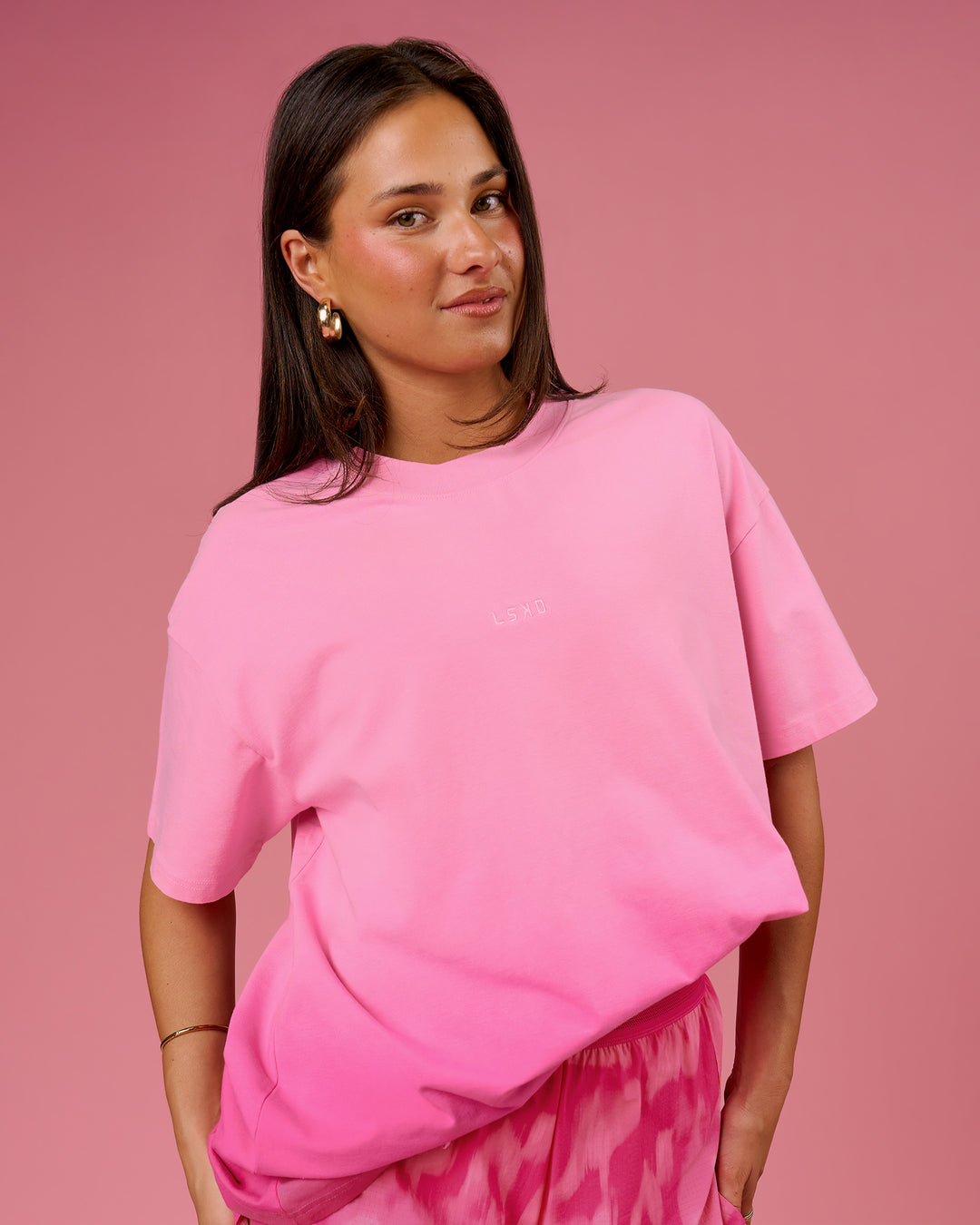 Woman wearing BCAM Ombre Heavyweight FLXCotton Oversized Tee  - Pink Rose-Ultra Pink | Model:Bianca | Size:S - view 12