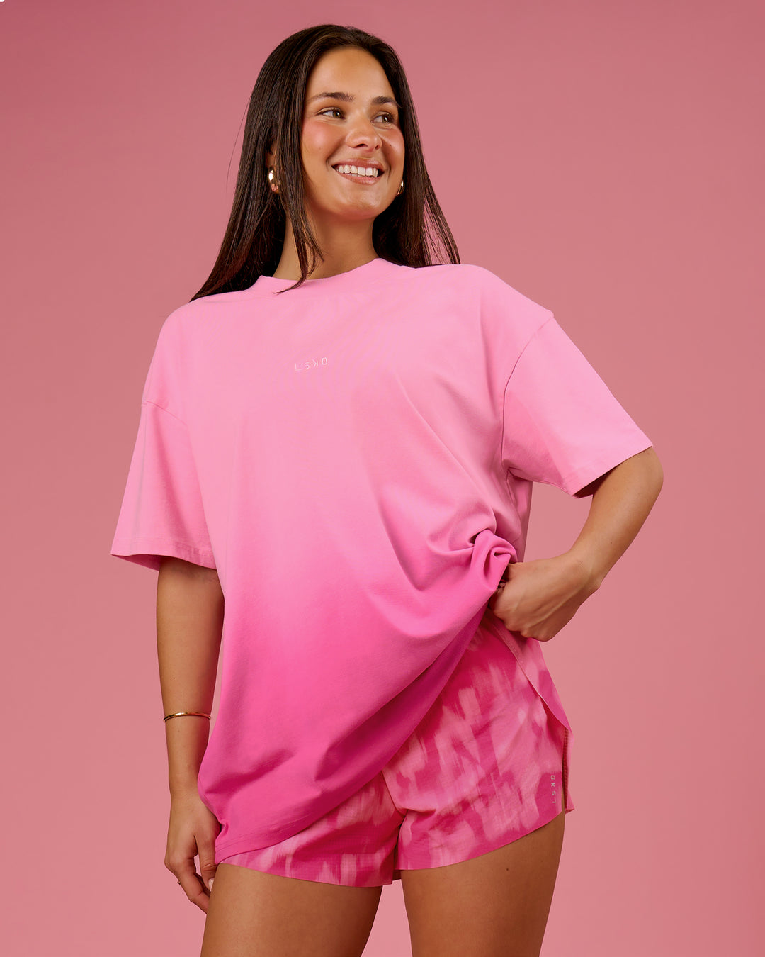 Woman wearing BCAM Ombre Heavyweight FLXCotton Oversized Tee  - Pink Rose-Ultra Pink | Model:Bianca | Size:S - view 18
