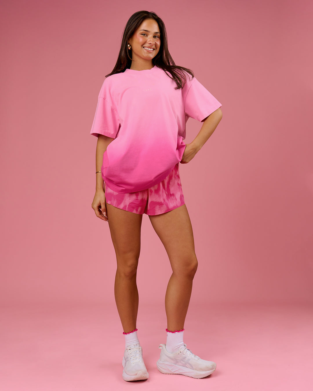 Woman wearing BCAM Ombre Heavyweight FLXCotton Oversized Tee  - Pink Rose-Ultra Pink | Model:Bianca | Size:S - view 19