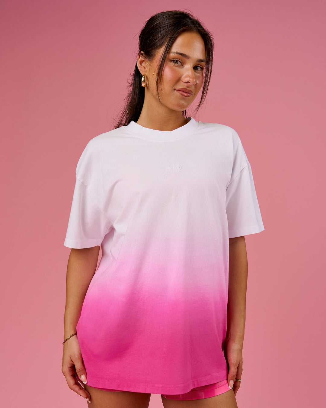 Woman wearing BCAM Ombre Heavyweight FLXCotton Oversized Tee  - White-Ultra Pink | Model:Bianca | Size:S - view 9
