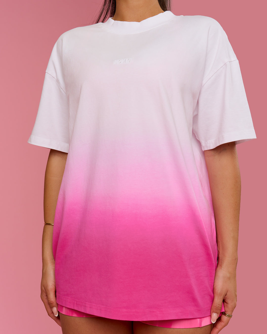 Woman wearing BCAM Ombre Heavyweight FLXCotton Oversized Tee  - White-Ultra Pink | Model:Bianca | Size:S - view 16