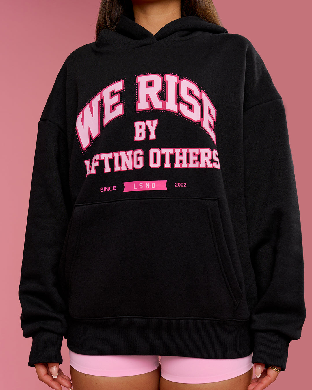 Woman wearing BCAM Unisex Oversized Hoodie - Black | Model:Bianca | Size:S - view 11
