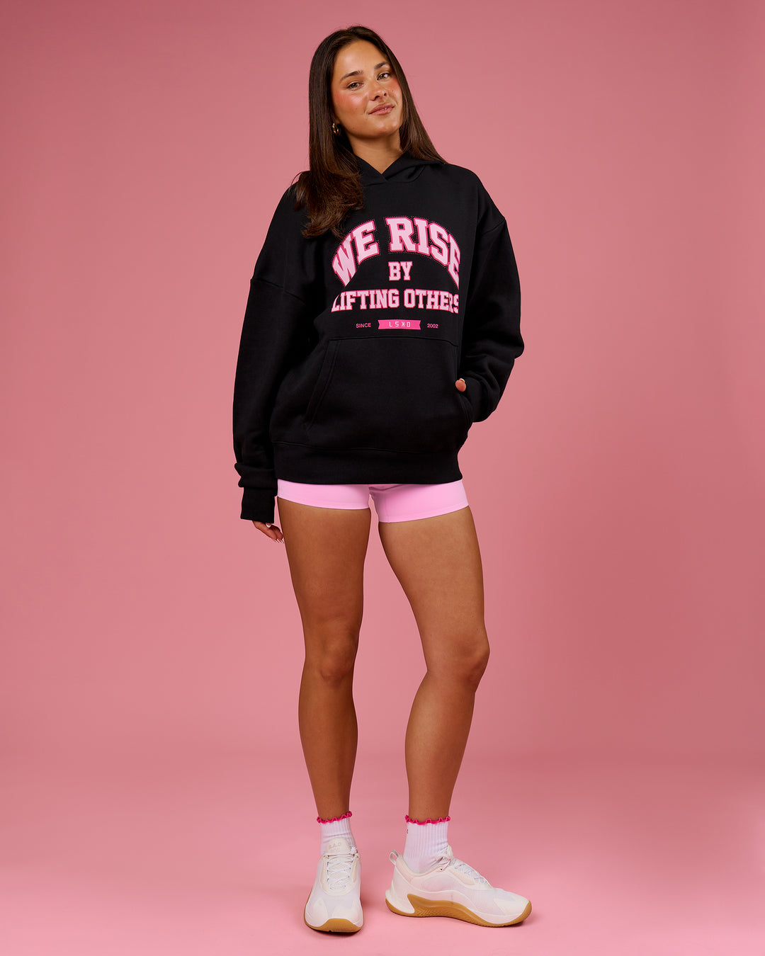 Woman wearing BCAM Unisex Oversized Hoodie - Black | Model:Bianca | Size:S - view 13